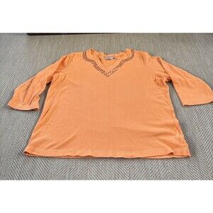 Quacker Factory Shirt Womens XL Orange Sequins 3/4 Sleeve Cotton